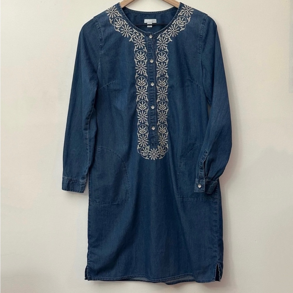 J. Jill Chambray Embroidered Dress, Size S, Blue Cream